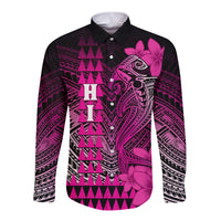Personalized Hawaii Long Sleeve Button Shirt Hammerhead Shark Kakau Polynesian Tribal Pink LT05 Unisex Pink - Polynesian Pride