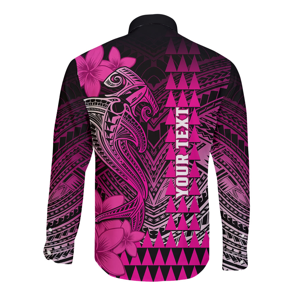 Personalized Hawaii Long Sleeve Button Shirt Hammerhead Shark Kakau Polynesian Tribal Pink LT05 - Polynesian Pride