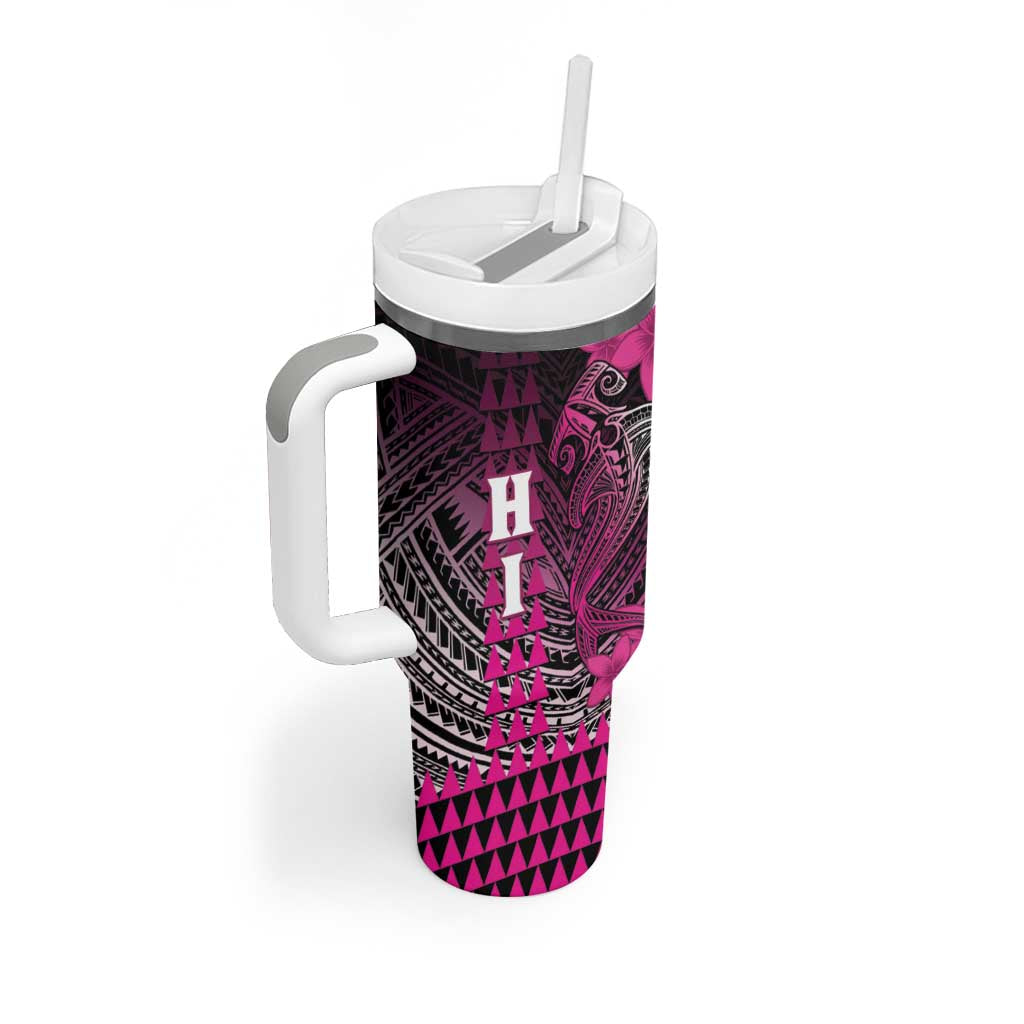 Personalized Hawaii Tumbler With Handle Hammerhead Shark Kakau Polynesian Tribal Pink