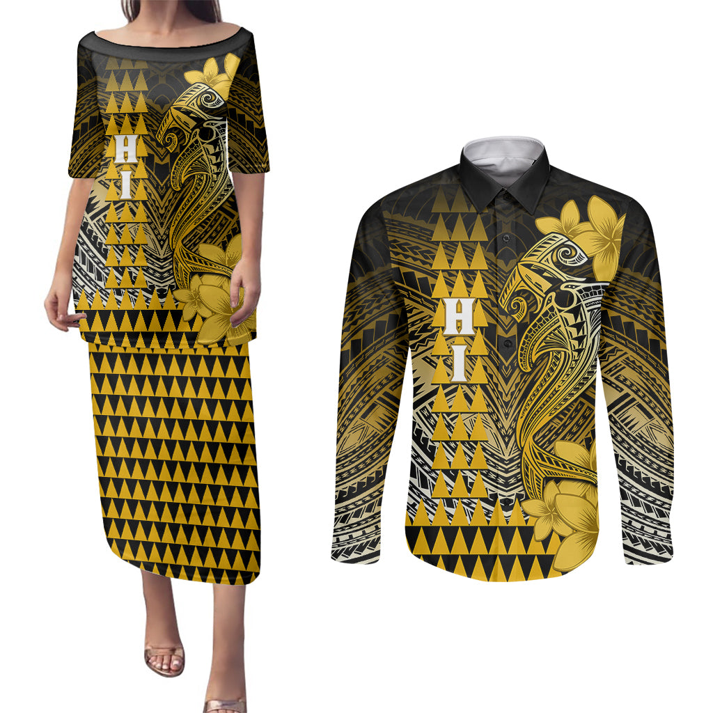 Personalized Hawaii Couples Matching Puletasi Dress and Long Sleeve Button Shirts Hammerhead Shark Kakau Polynesian Tribal Gold LT05 Gold - Polynesian Pride