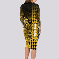 Personalized Hawaii Long Sleeve Bodycon Dress Hammerhead Shark Kakau Polynesian Tribal Gold LT05 - Polynesian Pride