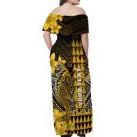 Personalized Hawaii Off Shoulder Maxi Dress Hammerhead Shark Kakau Polynesian Tribal Gold LT05 - Polynesian Pride