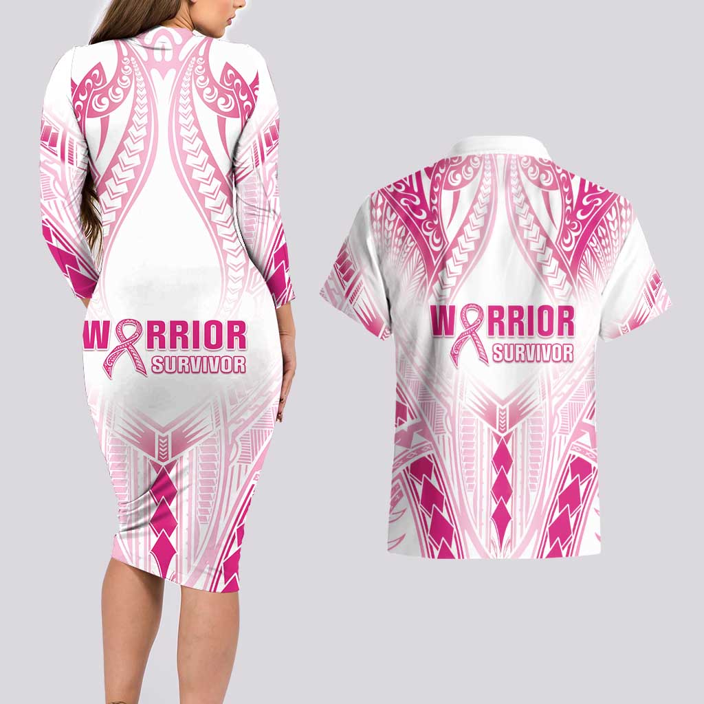 Breast Cancer Pink Out Couples Matching Long Sleeve Bodycon Dress and Hawaiian Shirt Polynesian Art Tattoo White Version LT05 - Polynesian Pride