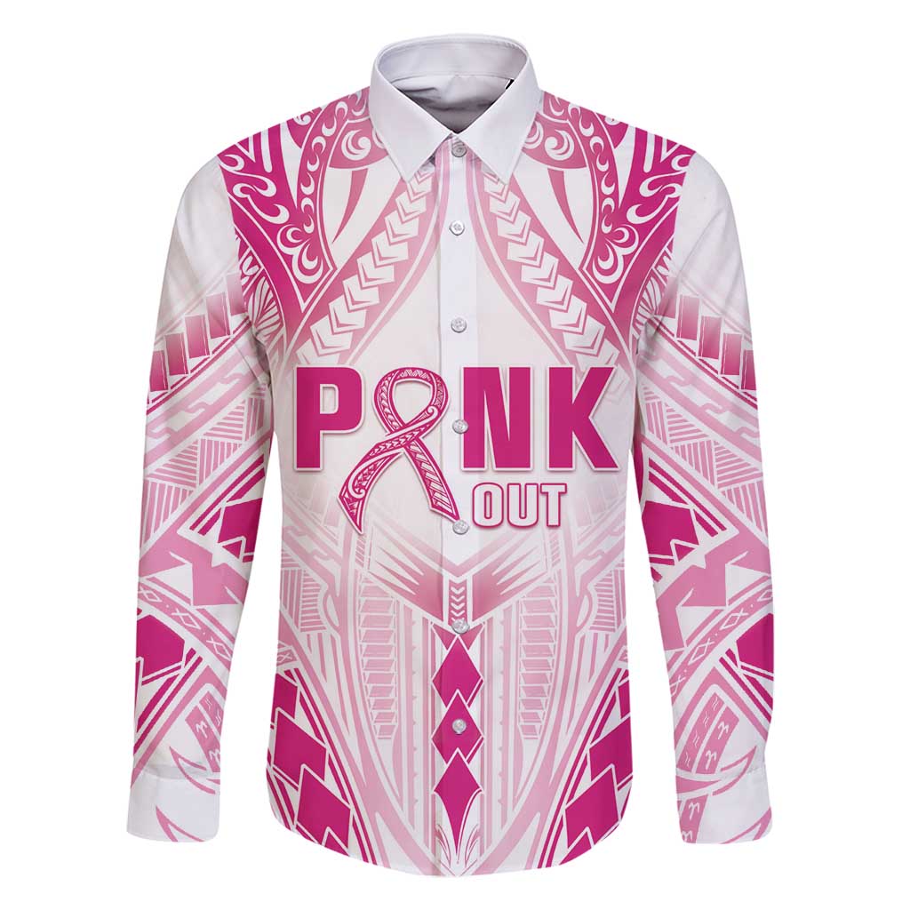 Breast Cancer Pink Out Family Matching Long Sleeve Bodycon Dress and Hawaiian Shirt Polynesian Art Tattoo White Version LT05 Dad's Shirt - Long Sleeve White - Polynesian Pride