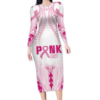 Breast Cancer Pink Out Family Matching Long Sleeve Bodycon Dress and Hawaiian Shirt Polynesian Art Tattoo White Version LT05 Mom's Dress White - Polynesian Pride