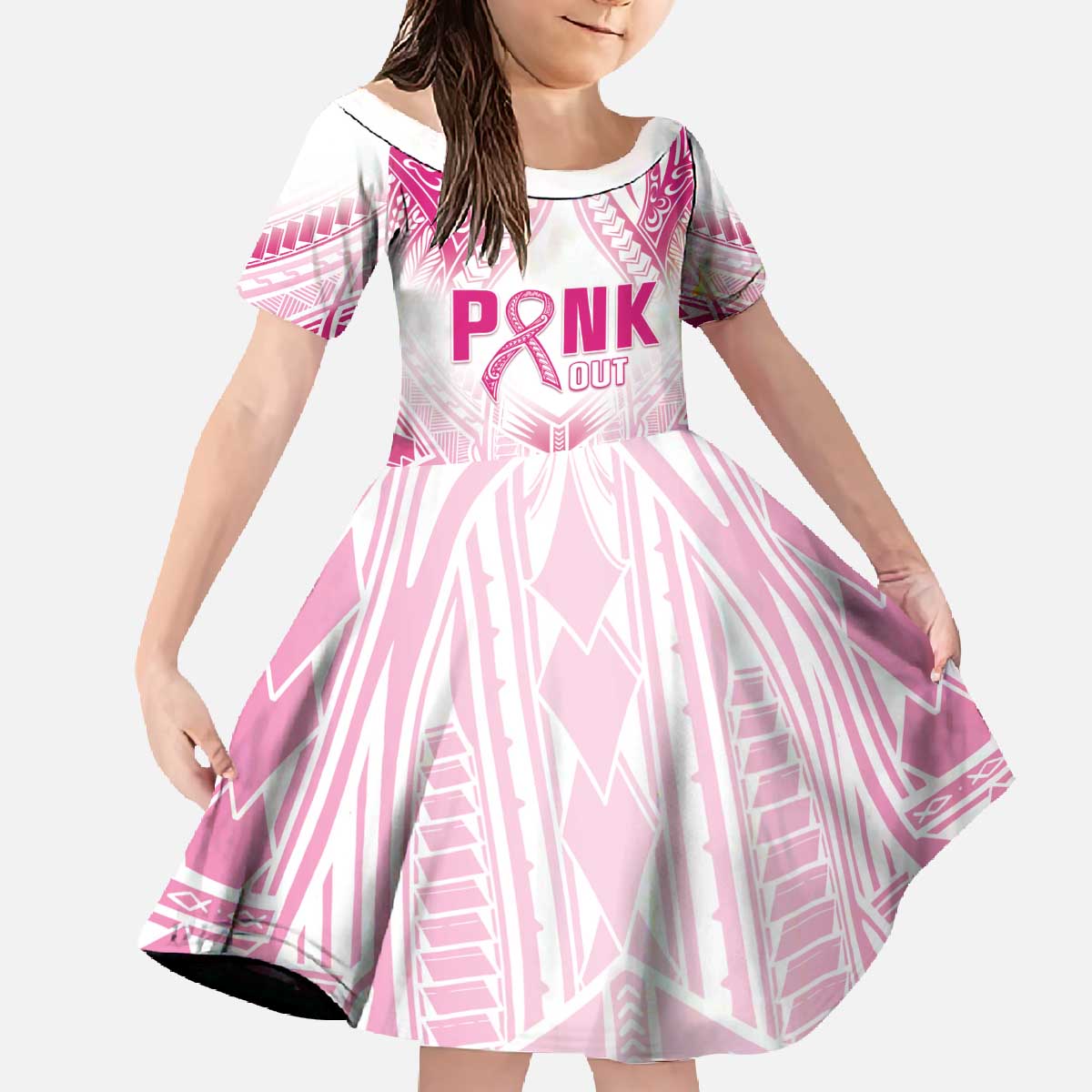 Breast Cancer Pink Out Family Matching Off The Shoulder Long Sleeve Dress and Hawaiian Shirt Polynesian Art Tattoo White Version LT05 Daughter's Dress White - Polynesian Pride