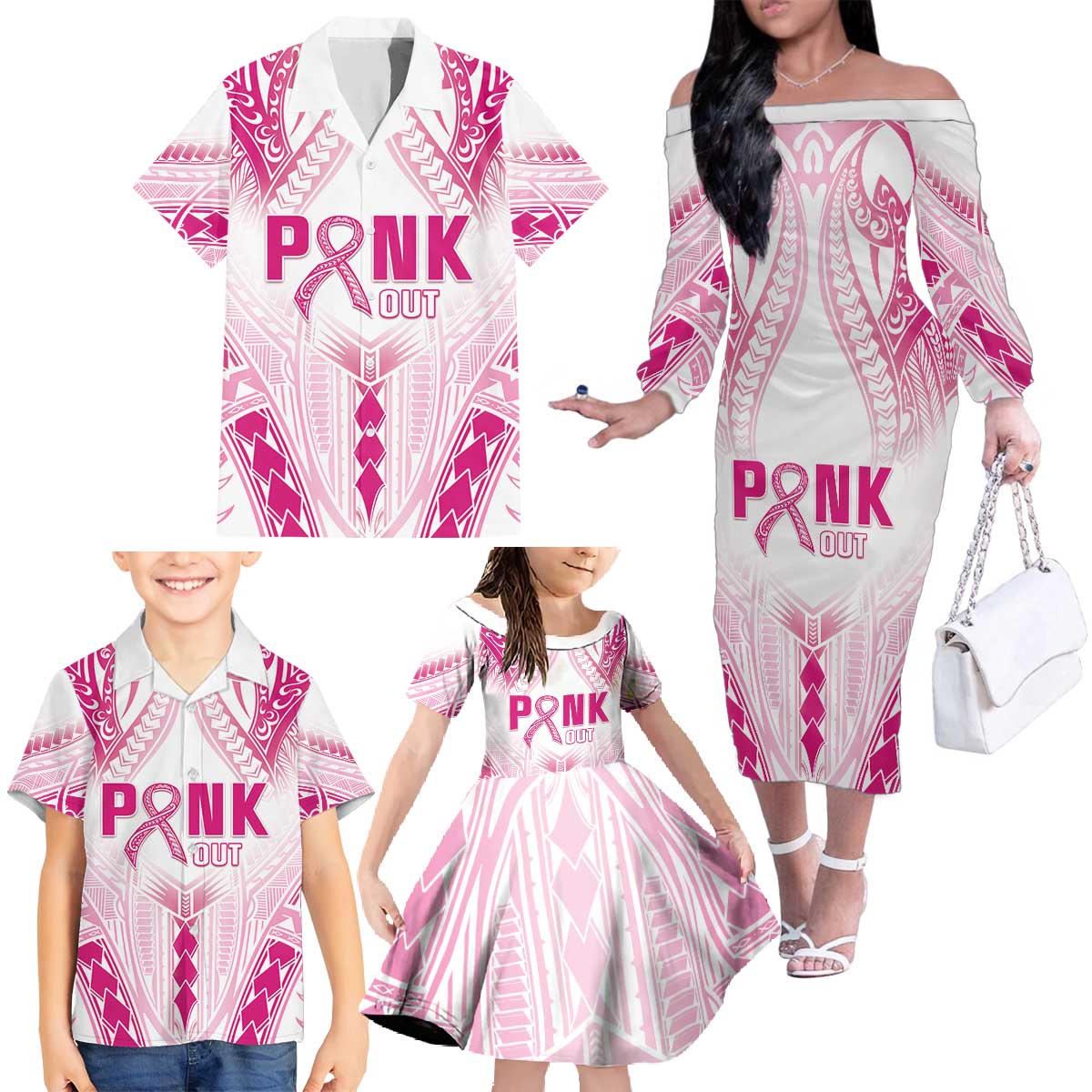 Breast Cancer Pink Out Family Matching Off The Shoulder Long Sleeve Dress and Hawaiian Shirt Polynesian Art Tattoo White Version LT05 - Polynesian Pride