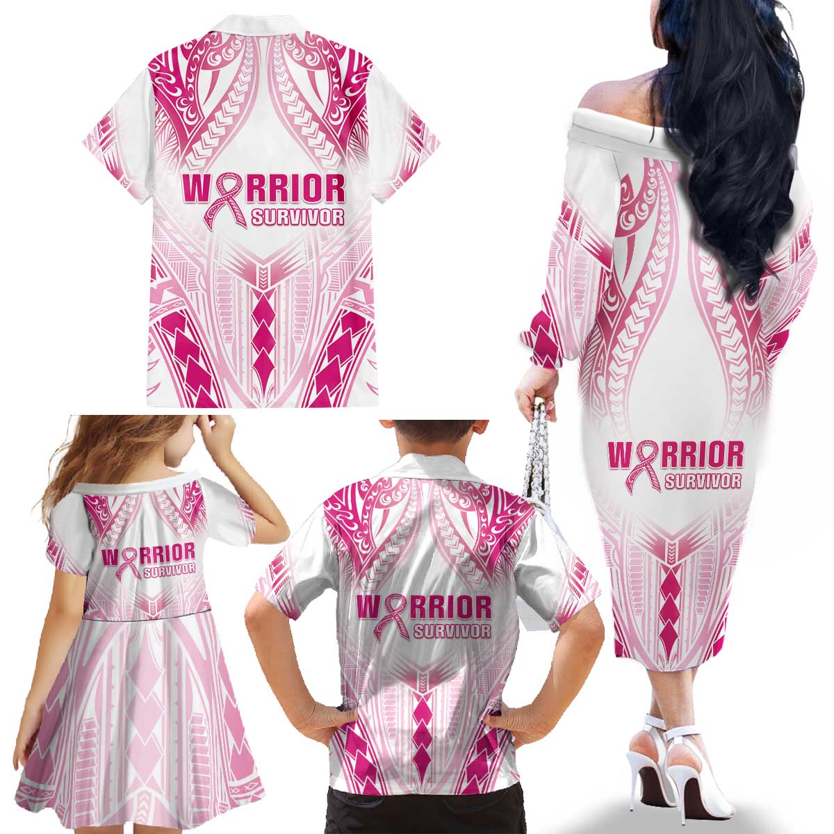Breast Cancer Pink Out Family Matching Off The Shoulder Long Sleeve Dress and Hawaiian Shirt Polynesian Art Tattoo White Version LT05 - Polynesian Pride