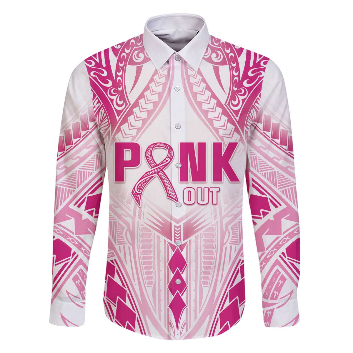 Breast Cancer Pink Out Family Matching Off The Shoulder Long Sleeve Dress and Hawaiian Shirt Polynesian Art Tattoo White Version LT05 Dad's Shirt - Long Sleeve White - Polynesian Pride