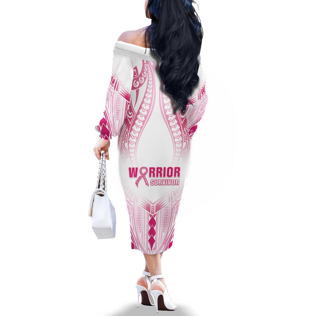 Breast Cancer Pink Out Family Matching Off The Shoulder Long Sleeve Dress and Hawaiian Shirt Polynesian Art Tattoo White Version LT05 - Polynesian Pride