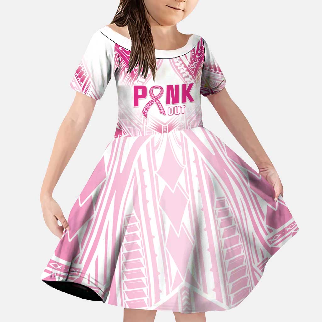 Breast Cancer Pink Out Family Matching Off Shoulder Maxi Dress and Hawaiian Shirt Polynesian Art Tattoo White Version LT05 Daughter's Dress White - Polynesian Pride