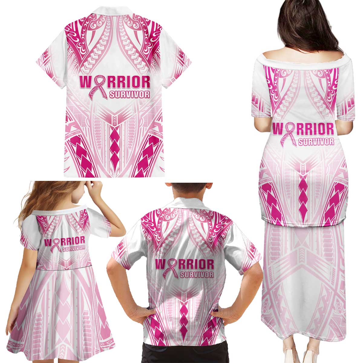 Breast Cancer Pink Out Family Matching Puletasi and Hawaiian Shirt Polynesian Art Tattoo White Version LT05 - Polynesian Pride