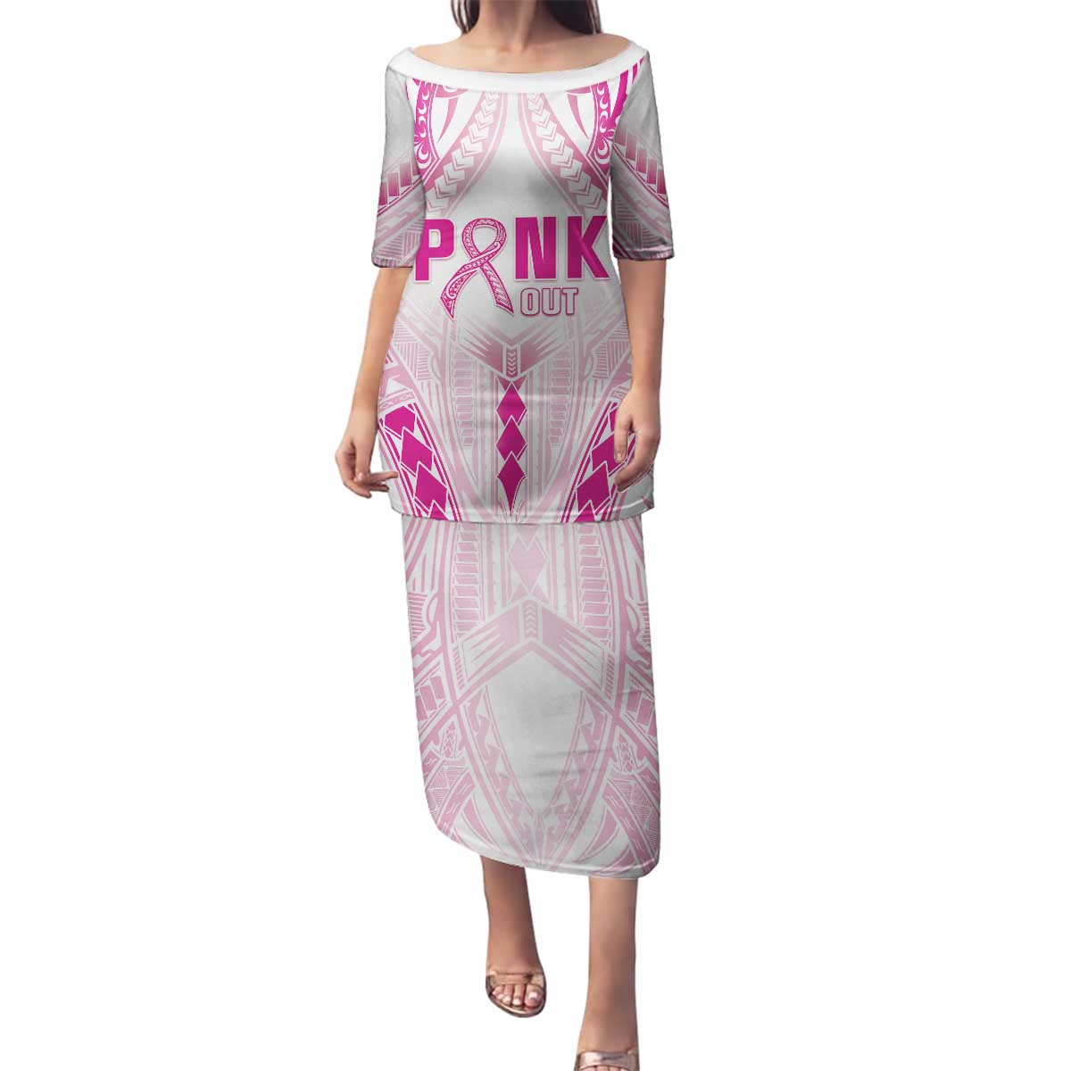 Breast Cancer Pink Out Family Matching Puletasi and Hawaiian Shirt Polynesian Art Tattoo White Version LT05 Mom's Dress White - Polynesian Pride