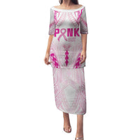 Breast Cancer Pink Out Family Matching Puletasi and Hawaiian Shirt Polynesian Art Tattoo White Version LT05 Mom's Dress White - Polynesian Pride