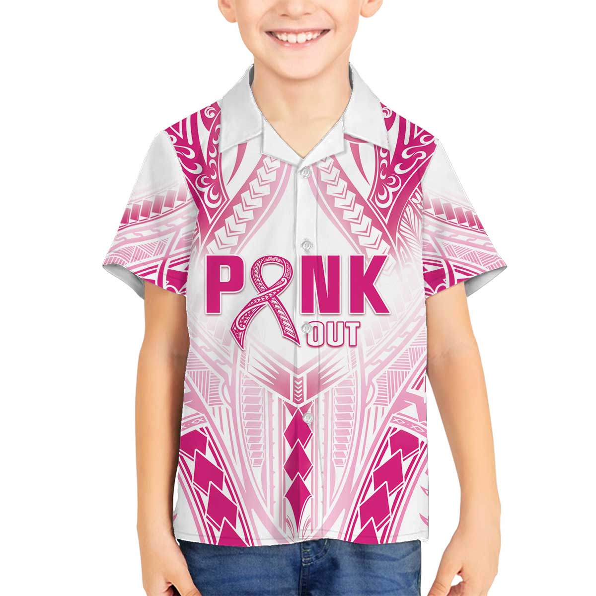 Breast Cancer Pink Out Family Matching Puletasi and Hawaiian Shirt Polynesian Art Tattoo White Version LT05 Son's Shirt White - Polynesian Pride