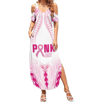 Breast Cancer Pink Out Family Matching Summer Maxi Dress and Hawaiian Shirt Polynesian Art Tattoo White Version LT05 Mom's Dress White - Polynesian Pride