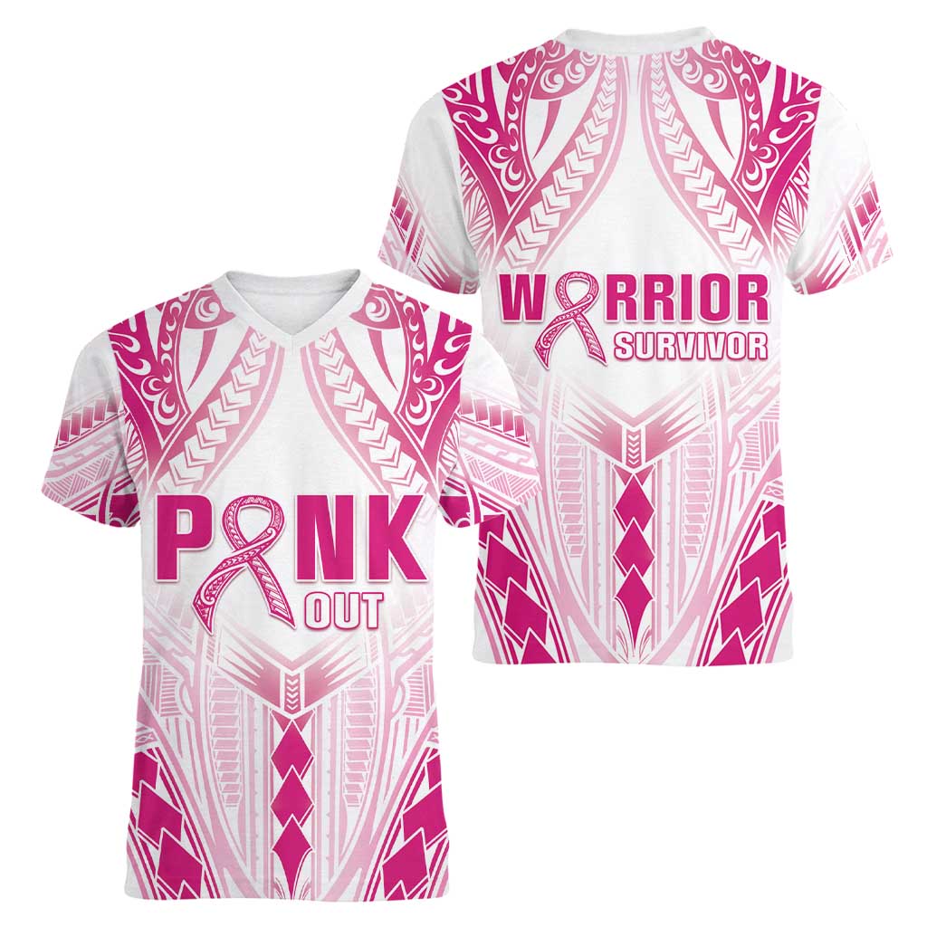 Breast Cancer Pink Out Women V-Neck T-Shirt Polynesian Art Tattoo White Version