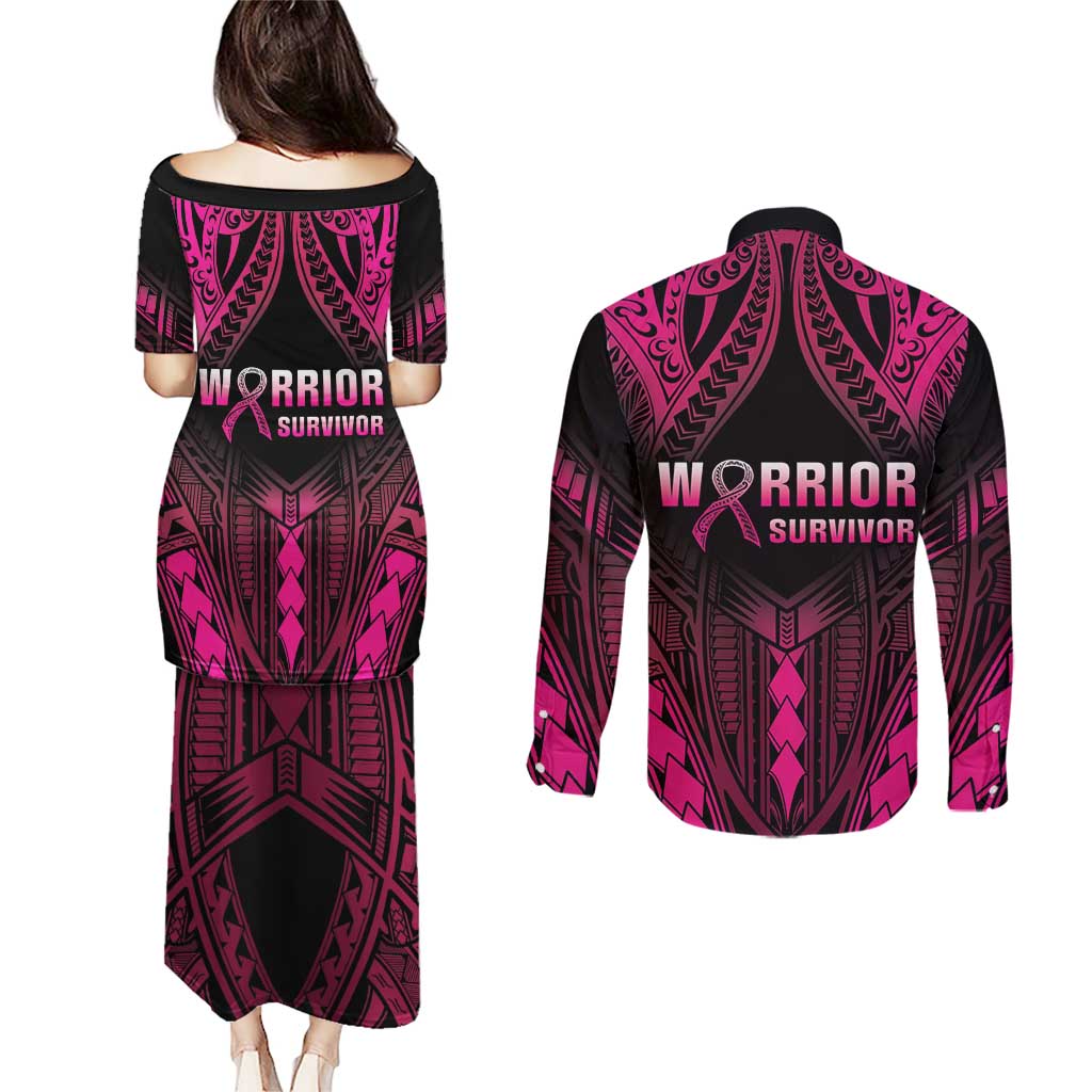 Breast Cancer Pink Out Couples Matching Puletasi and Long Sleeve Button Shirt Polynesian Art Tattoo Black Version