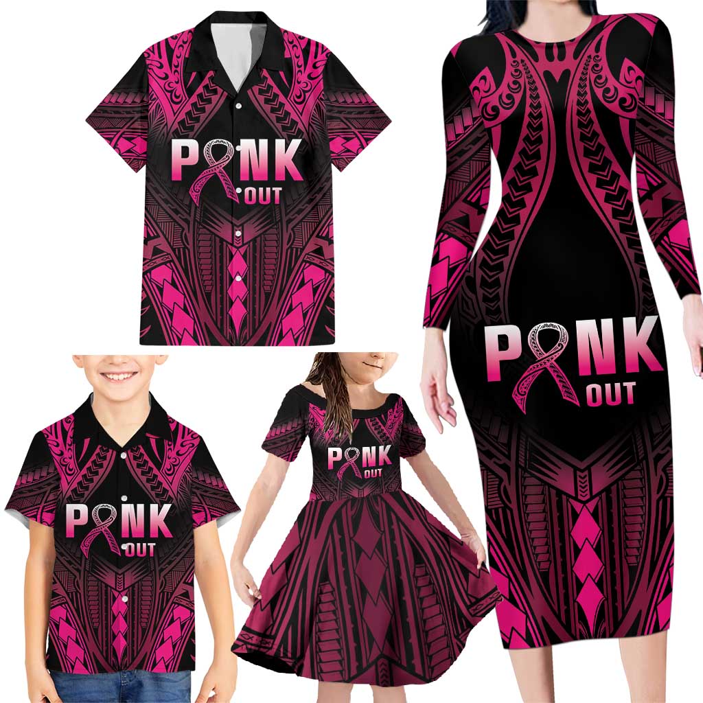 Breast Cancer Pink Out Family Matching Long Sleeve Bodycon Dress and Hawaiian Shirt Polynesian Art Tattoo Black Version LT05 - Polynesian Pride