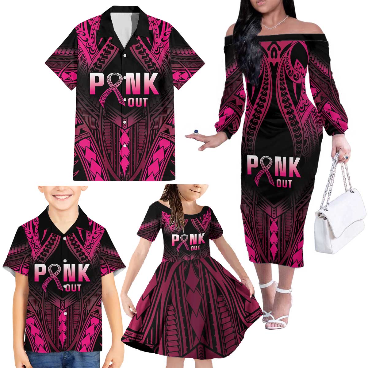 Breast Cancer Pink Out Family Matching Off The Shoulder Long Sleeve Dress and Hawaiian Shirt Polynesian Art Tattoo Black Version LT05 - Polynesian Pride