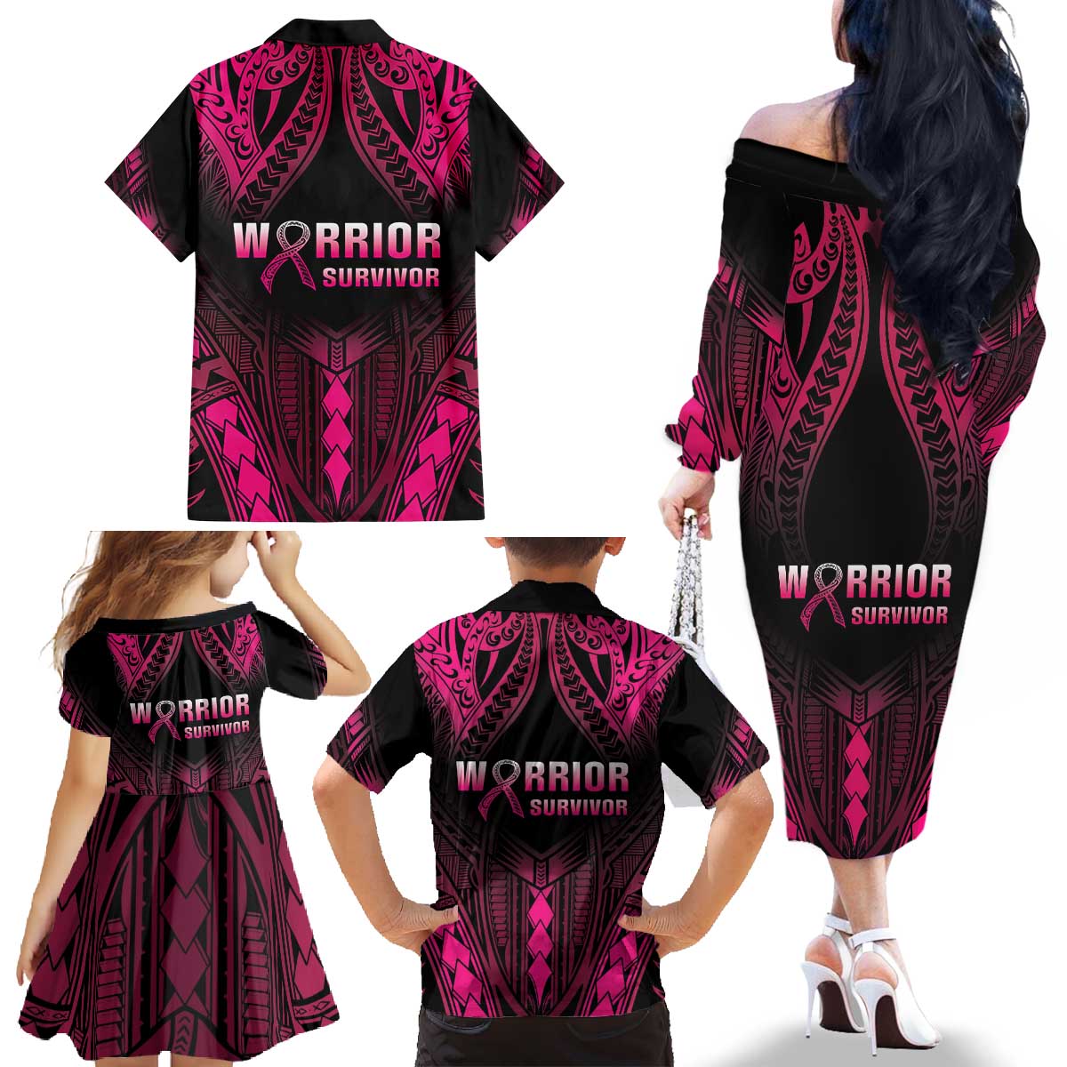 Breast Cancer Pink Out Family Matching Off The Shoulder Long Sleeve Dress and Hawaiian Shirt Polynesian Art Tattoo Black Version LT05 - Polynesian Pride