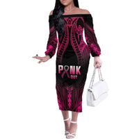 Breast Cancer Pink Out Family Matching Off The Shoulder Long Sleeve Dress and Hawaiian Shirt Polynesian Art Tattoo Black Version LT05 Mom's Dress Black - Polynesian Pride