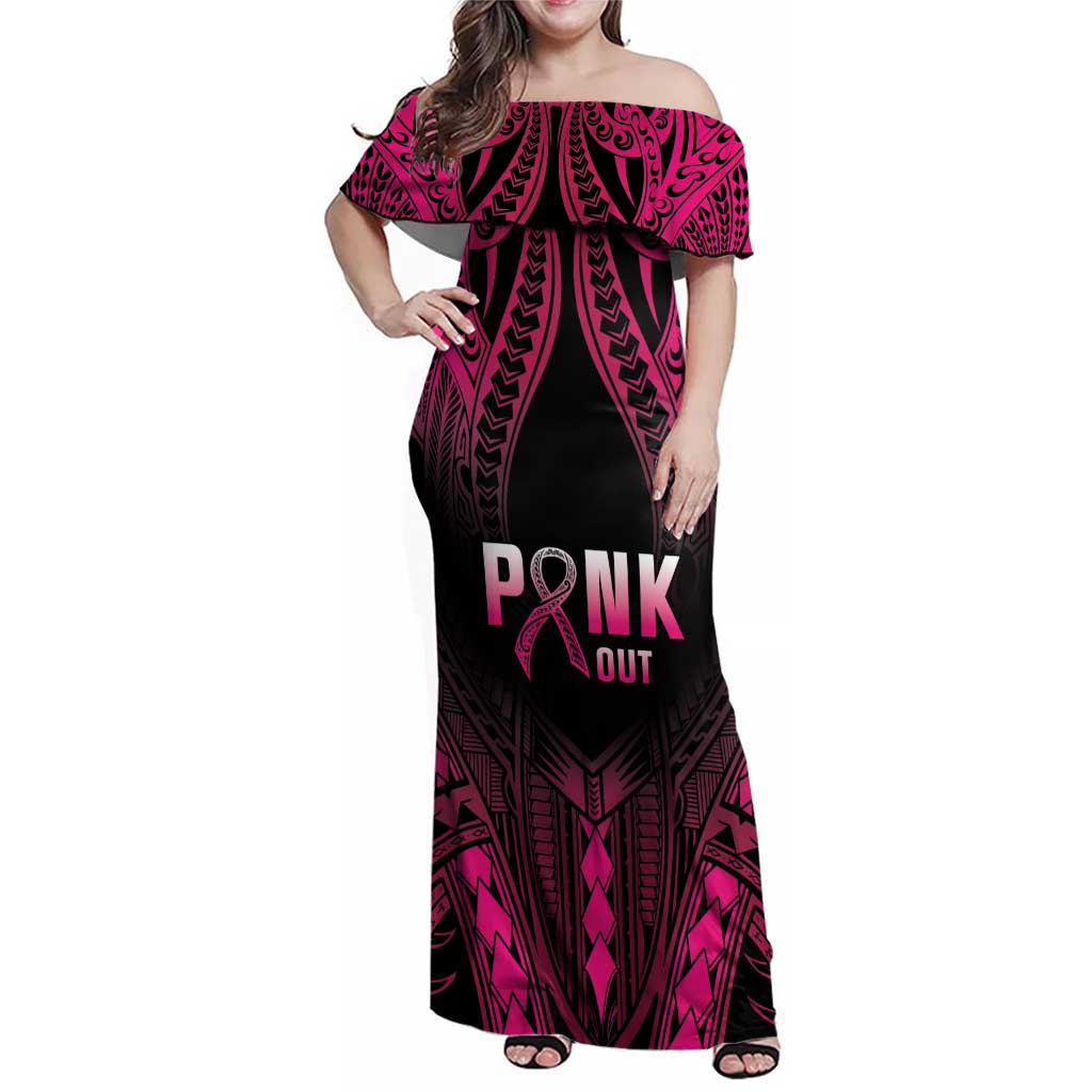 Breast Cancer Pink Out Family Matching Off Shoulder Maxi Dress and Hawaiian Shirt Polynesian Art Tattoo Black Version LT05 Mom's Dress Black - Polynesian Pride