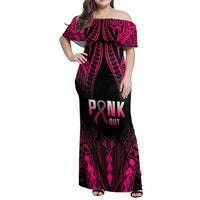 Breast Cancer Pink Out Family Matching Off Shoulder Maxi Dress and Hawaiian Shirt Polynesian Art Tattoo Black Version LT05 Mom's Dress Black - Polynesian Pride
