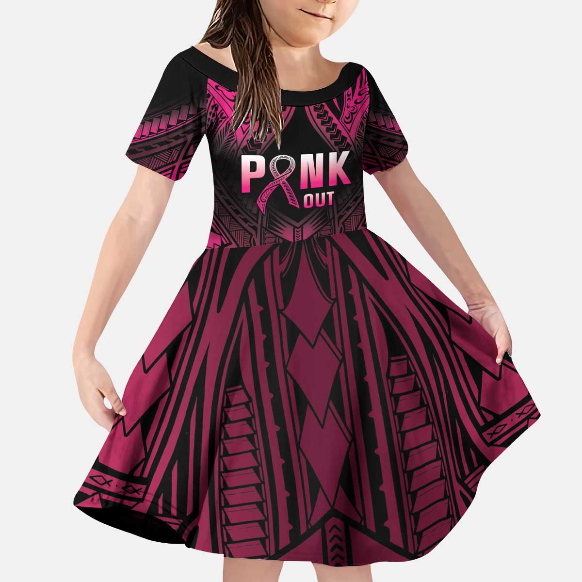 Breast Cancer Pink Out Family Matching Puletasi and Hawaiian Shirt Polynesian Art Tattoo Black Version LT05 Daughter's Dress Black - Polynesian Pride