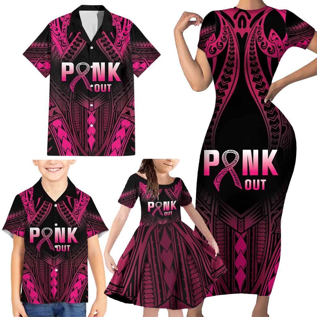 Breast Cancer Pink Out Family Matching Short Sleeve Bodycon Dress and Hawaiian Shirt Polynesian Art Tattoo Black Version LT05 - Polynesian Pride