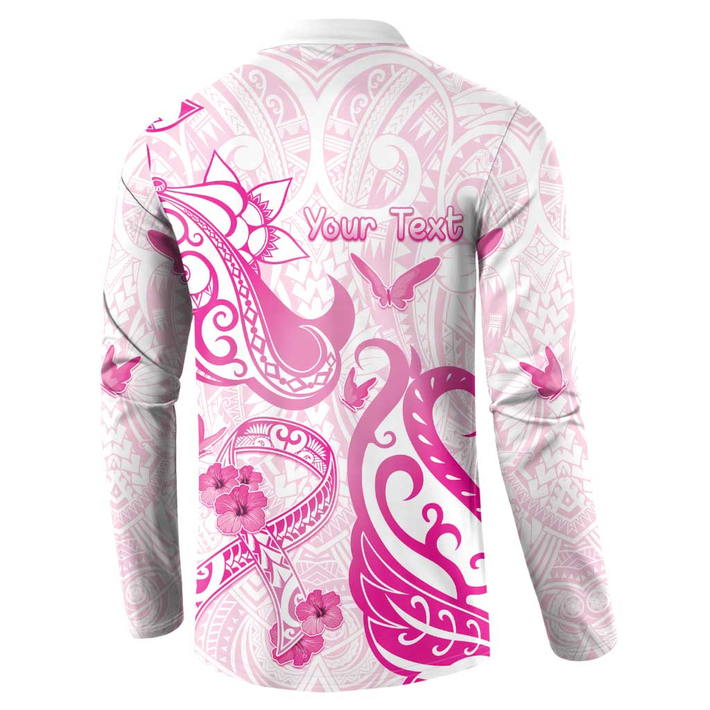 Personalised Breast Cancer Awareness Button Sweatshirt Ribbon Polynesian Pattern White Version