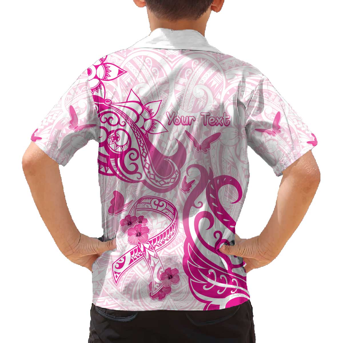 Personalised Breast Cancer Awareness Family Matching Off The Shoulder Long Sleeve Dress and Hawaiian Shirt Ribbon Polynesian Pattern White Version LT05 - Polynesian Pride