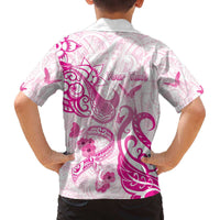 Personalised Breast Cancer Awareness Family Matching Off The Shoulder Long Sleeve Dress and Hawaiian Shirt Ribbon Polynesian Pattern White Version LT05 - Polynesian Pride