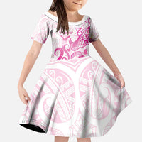 Personalised Breast Cancer Awareness Family Matching Off The Shoulder Long Sleeve Dress and Hawaiian Shirt Ribbon Polynesian Pattern White Version LT05 Daughter's Dress White - Polynesian Pride