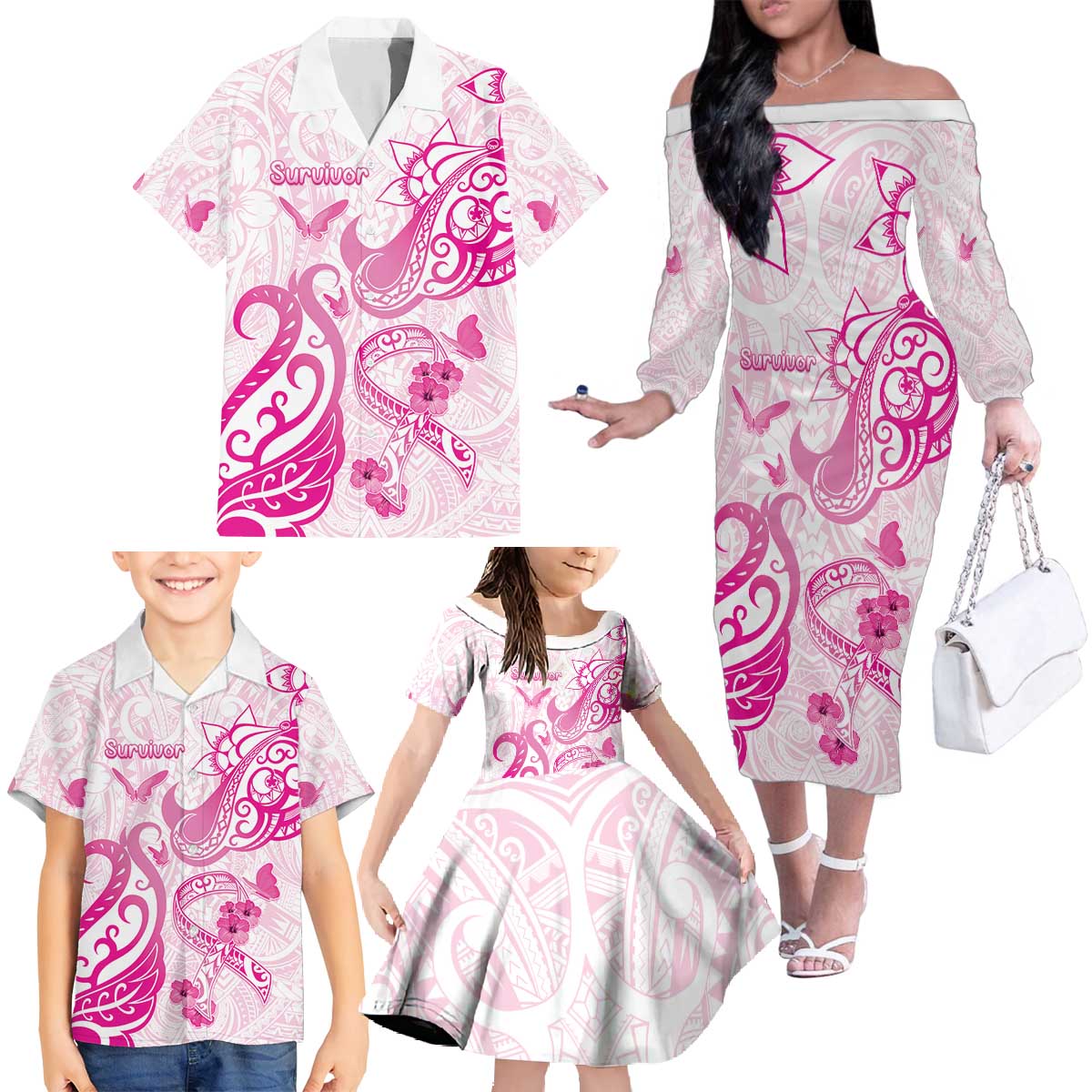 Personalised Breast Cancer Awareness Family Matching Off The Shoulder Long Sleeve Dress and Hawaiian Shirt Ribbon Polynesian Pattern White Version LT05 - Polynesian Pride