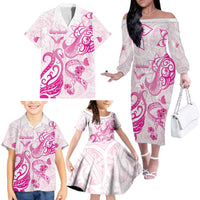 Personalised Breast Cancer Awareness Family Matching Off The Shoulder Long Sleeve Dress and Hawaiian Shirt Ribbon Polynesian Pattern White Version LT05 - Polynesian Pride