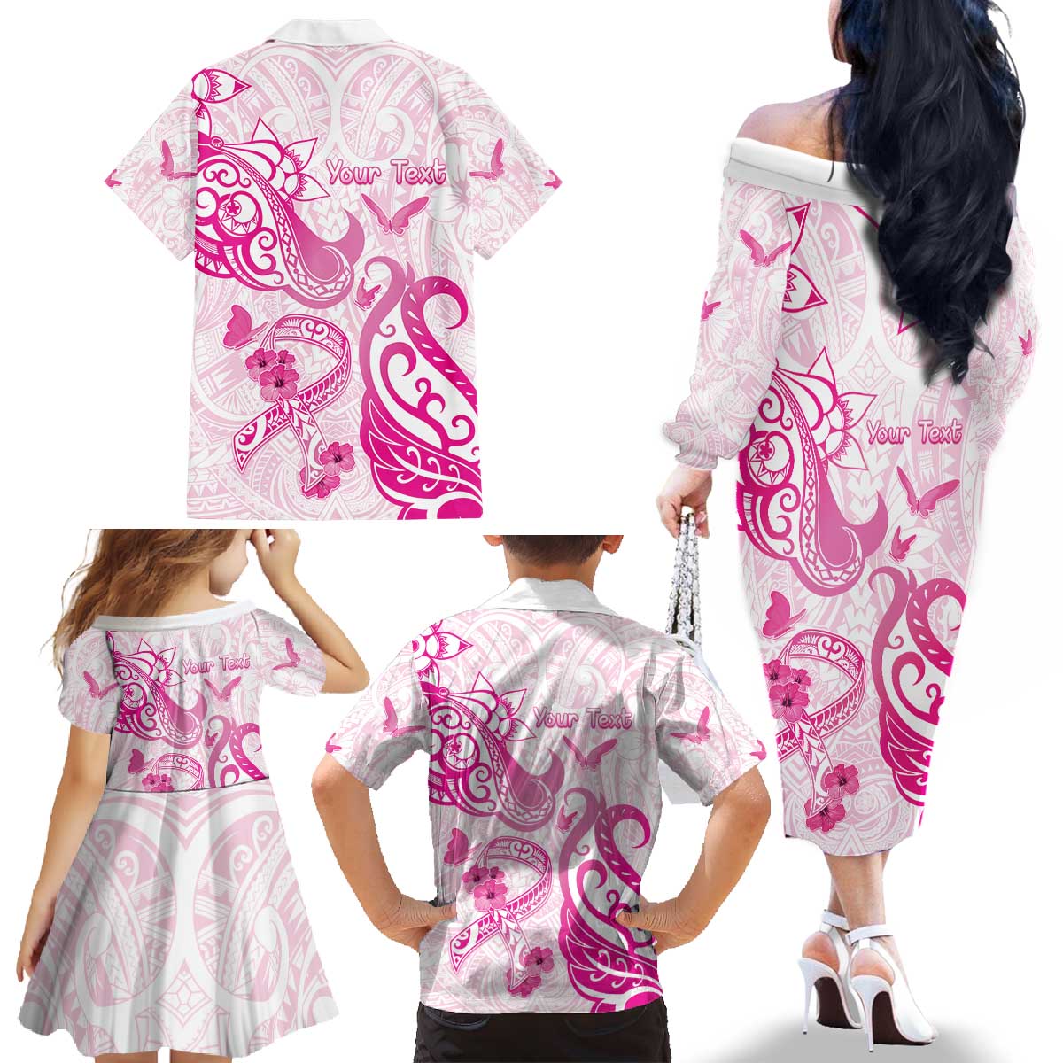 Personalised Breast Cancer Awareness Family Matching Off The Shoulder Long Sleeve Dress and Hawaiian Shirt Ribbon Polynesian Pattern White Version LT05 - Polynesian Pride