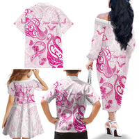 Personalised Breast Cancer Awareness Family Matching Off The Shoulder Long Sleeve Dress and Hawaiian Shirt Ribbon Polynesian Pattern White Version LT05 - Polynesian Pride