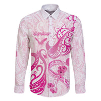 Personalised Breast Cancer Awareness Family Matching Off The Shoulder Long Sleeve Dress and Hawaiian Shirt Ribbon Polynesian Pattern White Version LT05 Dad's Shirt - Long Sleeve White - Polynesian Pride