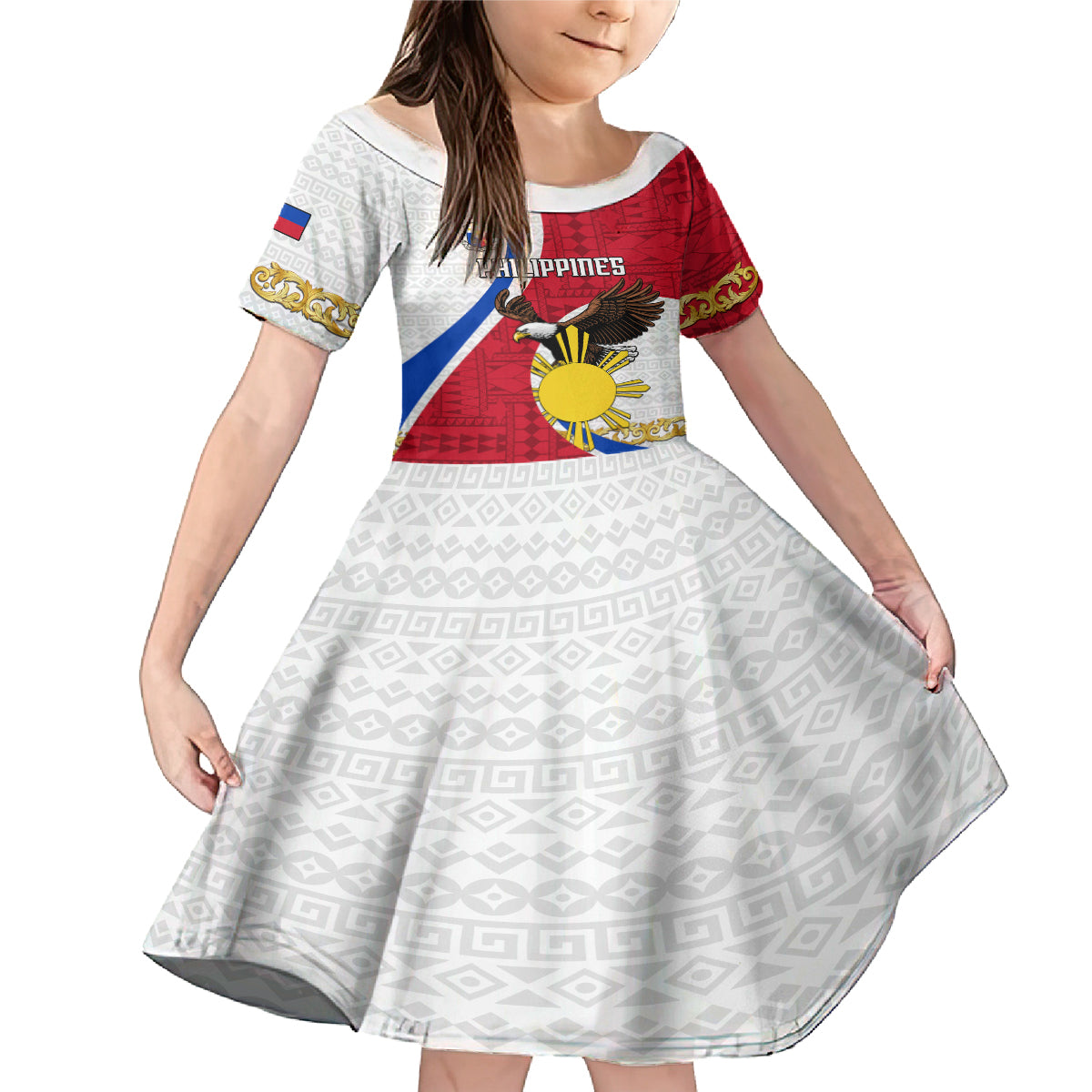 Personalized Philippines Family Matching Mermaid Dress and Hawaiian Shirt The Eight-Rayed Sun Bald Eagle Polynesian Pattern LT05 Daughter's Dress Red - Polynesian Pride