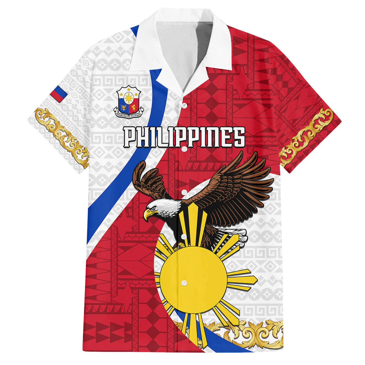 Personalized Philippines Family Matching Off Shoulder Long Sleeve Dress and Hawaiian Shirt The Eight-Rayed Sun Bald Eagle Polynesian Pattern LT05 Dad's Shirt - Short Sleeve Red - Polynesian Pride