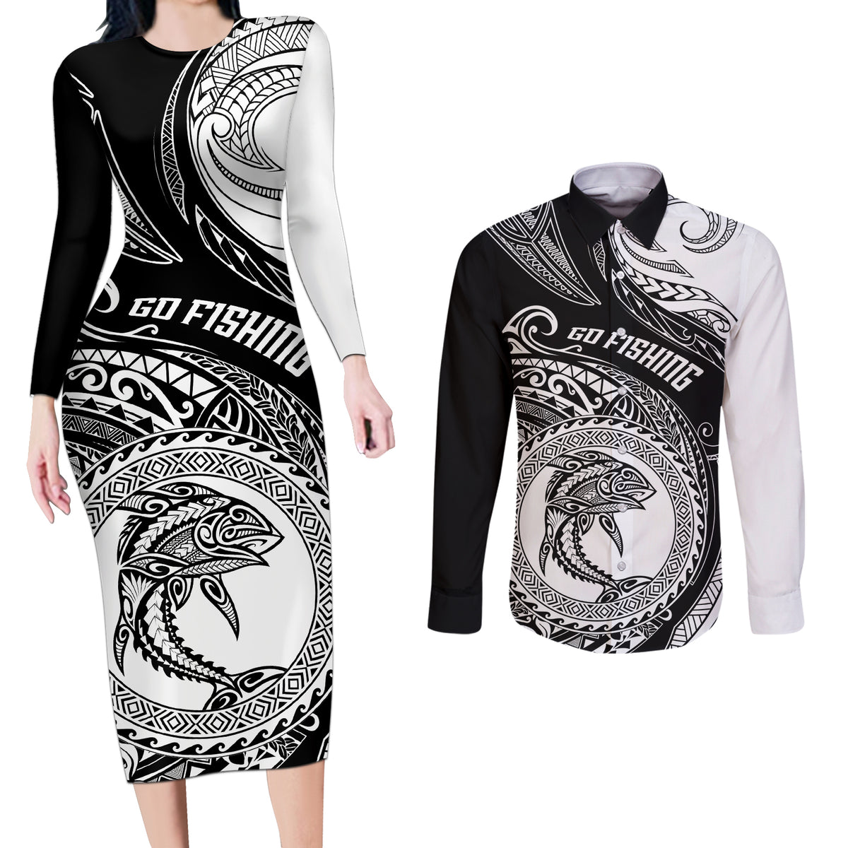 Go Fishing Couples Matching Long Sleeve Bodycon Dress and Long Sleeve Button Shirts Polynesian Pattern LT05 Black - Polynesian Pride