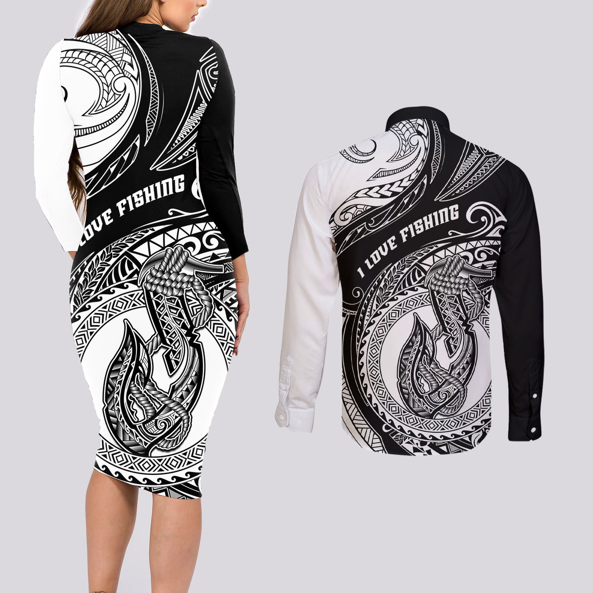 Go Fishing Couples Matching Long Sleeve Bodycon Dress and Long Sleeve Button Shirts Polynesian Pattern LT05 - Polynesian Pride