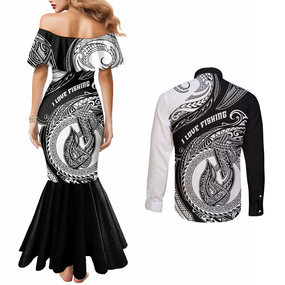go-fishing-couples-matching-mermaid-dress-and-long-sleeve-button-shirts-polynesian-pattern