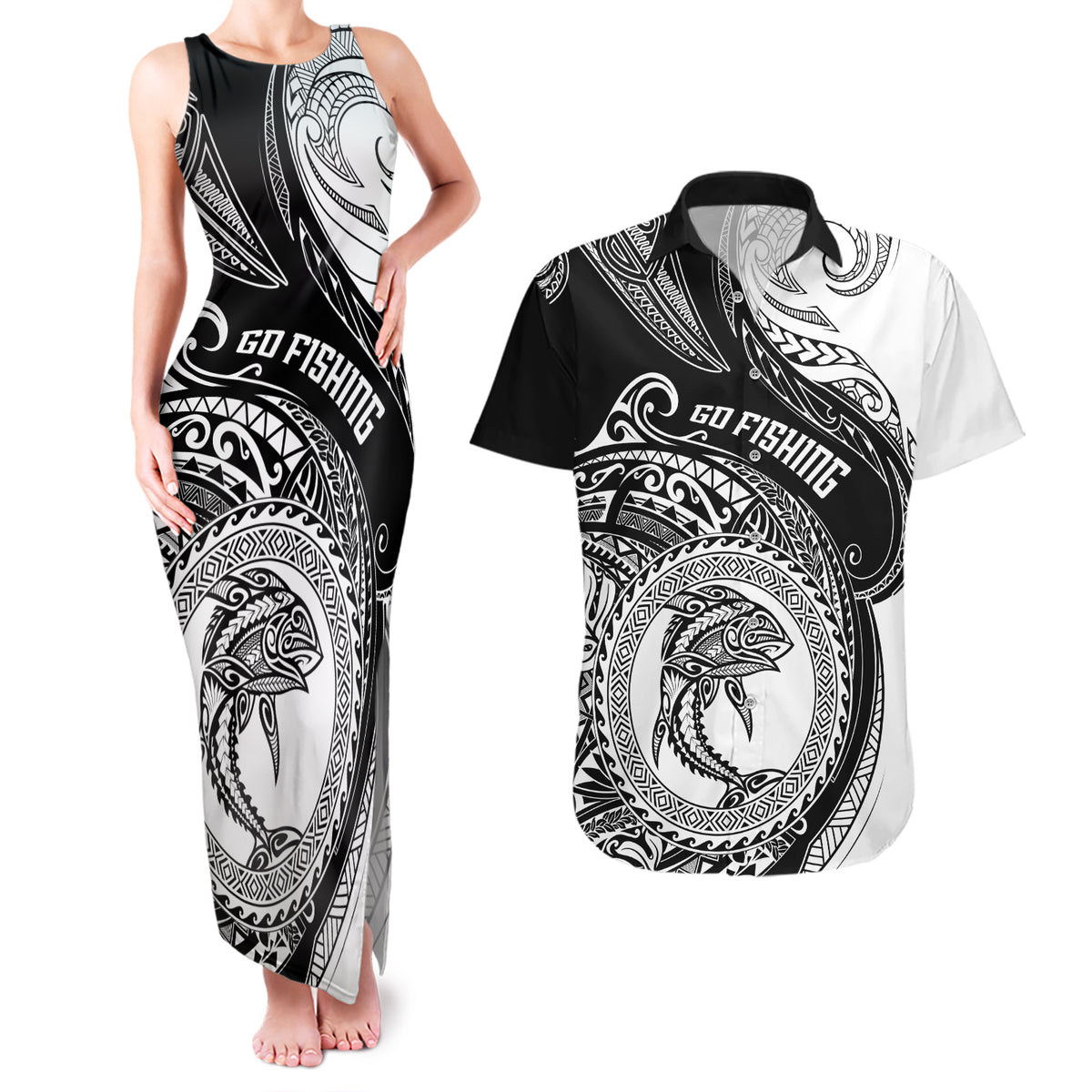 Personalized Go Fishing Couples Matching Tank Maxi Dress and Hawaiian Shirt Polynesian Pattern LT05 Black - Polynesian Pride