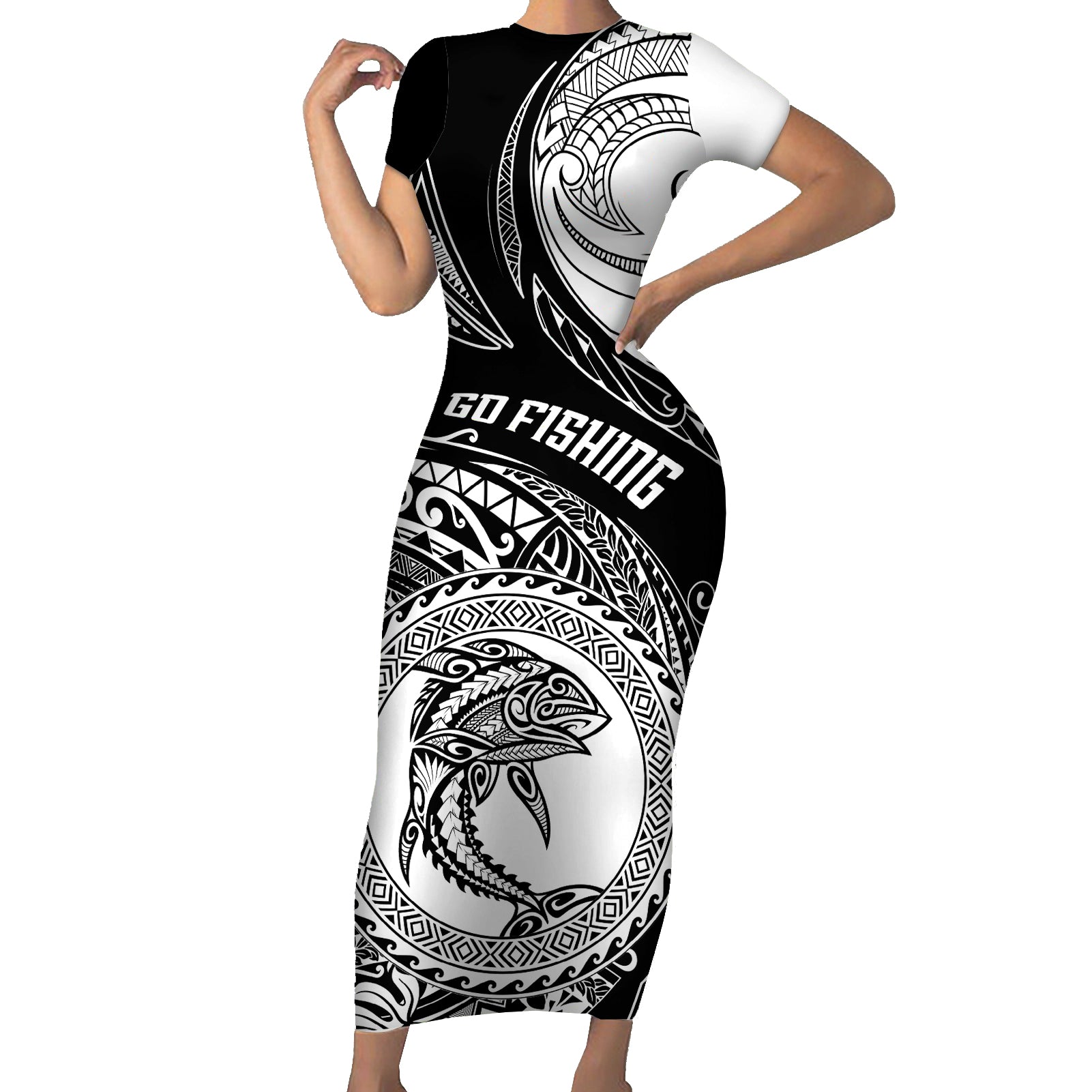 personalized-go-fishing-short-sleeve-bodycon-dress-polynesian-pattern