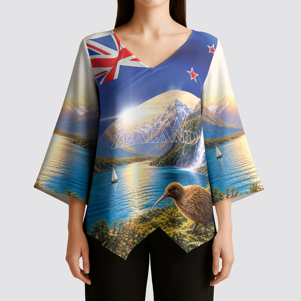 New Zealand Flag Kimono Sleeve Blouse Scenic Nature LT05 - Polynesian Pride