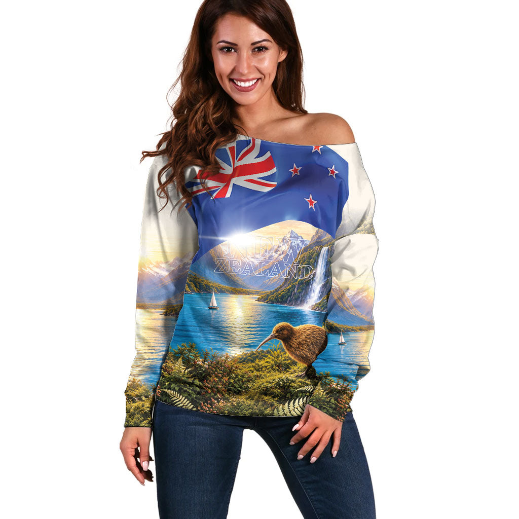 New Zealand Flag Off Shoulder Sweater Scenic Nature LT05 Women Multicolor - Polynesian Pride