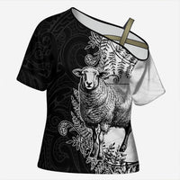 New Zealand Aotearoa Hipi Cross Shoulder Shirt Maori Pattern LT05 Female Black - Polynesian Pride