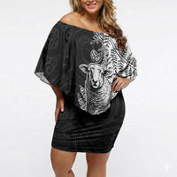New Zealand Aotearoa Hipi Off Shoulder Short Dress Maori Pattern LT05 Women Black - Polynesian Pride
